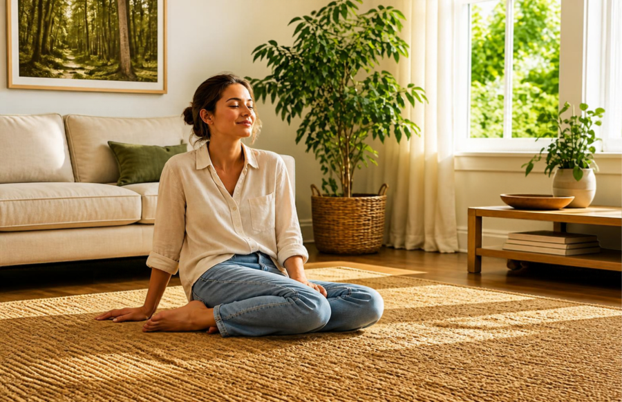 allergy-friendly living room with a natural sisal/jute rug in warm daylight